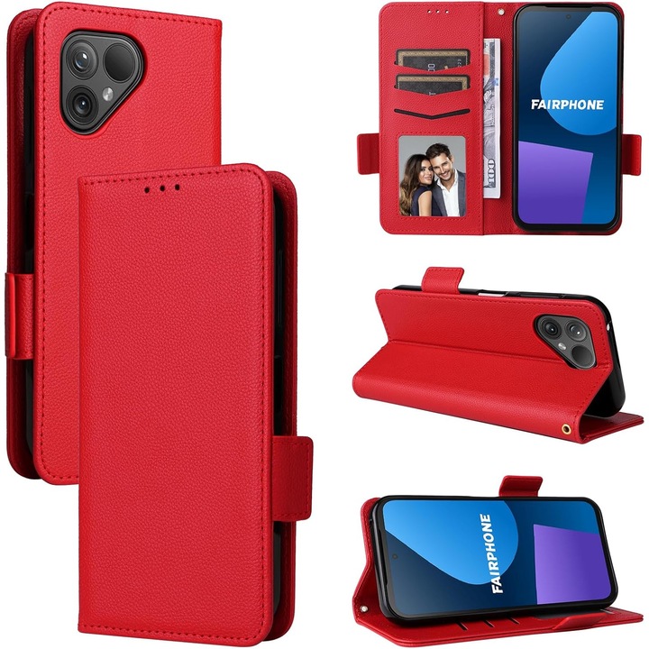 Husa tip portofel din piele ecologica pentru Fairphone 5 5G – protectie eleganta cu sloturi pentru carduri si suport stand integrat, Rosie