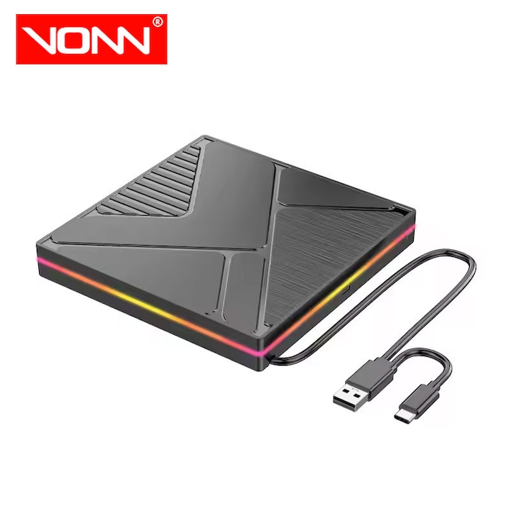 DVD writer extern RGB, DVD/CD/VCD +/-RW, suport M-DISC, Cablu USB 3.0/Type-c, Compatibil Laptop/Desktop/Macbook/iMac