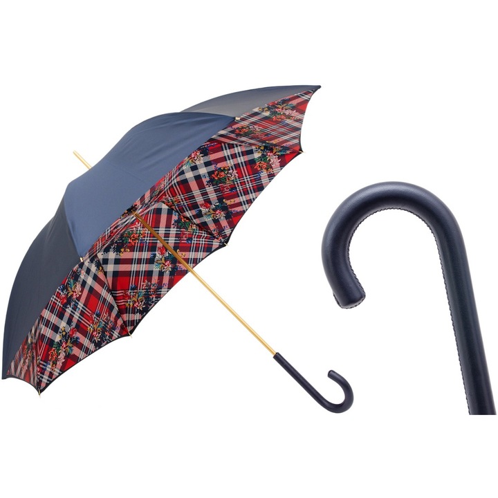 Női esernyő Pasotti, tengerészkék, bőr fogantyúk, 102cm, kézzel készített Olaszországban