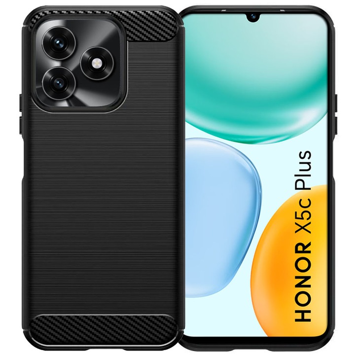 Husa de protectie pentru Honor X5c Plus, Carbon Shield, Suprafata aderenta, Spate mat, Anti-amprenta, Finisaj tip fibra, Margini usor ridicate, Flexibila, Confortabila, Design premium, Antisoc, Slim fit, Negru
