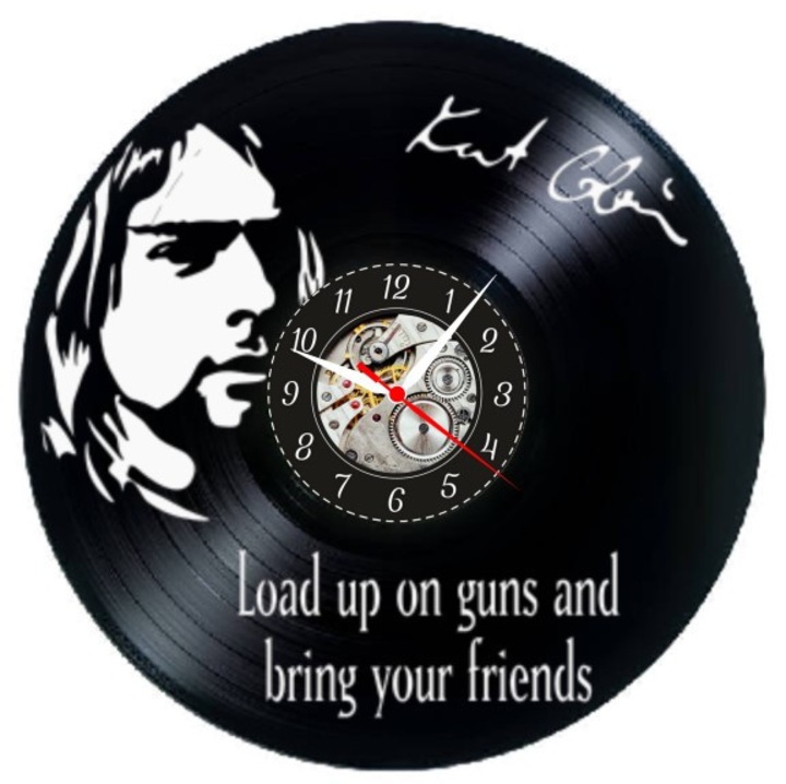 Стенен часовник "Кърт Кобейн - Нирвана", Гръндж Рок Дизайн, Ръчно изработен от рециклирана винилова плоча, 30 см