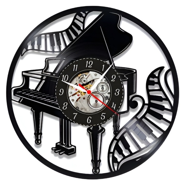 Стенен Часовник Пиано с Опашка, Изискан Музикален Дизайн, Ръчно Изработен от Рециклирана Винилова Плоча, Подарък за Пианист или Учител, 30x30 см