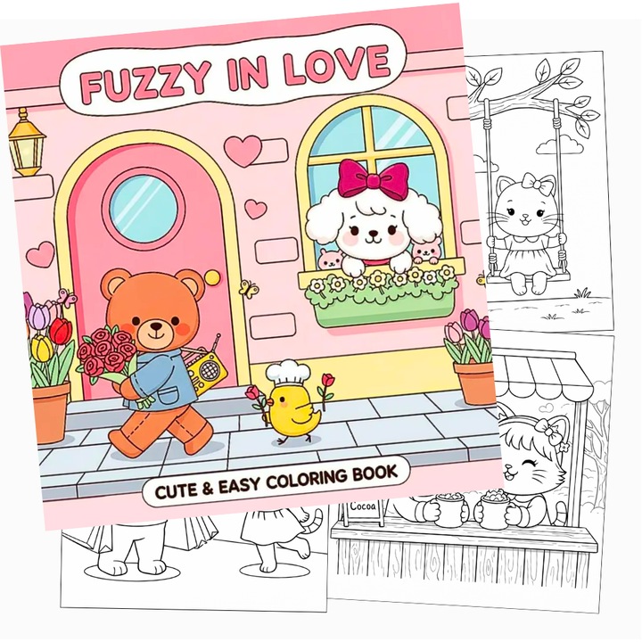 Carte de Colorat Pentru Adulti, Fuzzy in Love, 40 Pagini Cartonate, Animale Dragute Bobbie Goods, 21 x 21 cm
