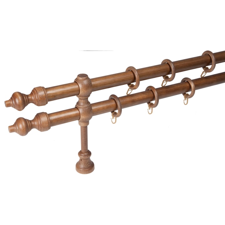 Galerie lemn RODECO, dublă, stejar, 140 cm, 2 bete, 28 inele cu cârlige