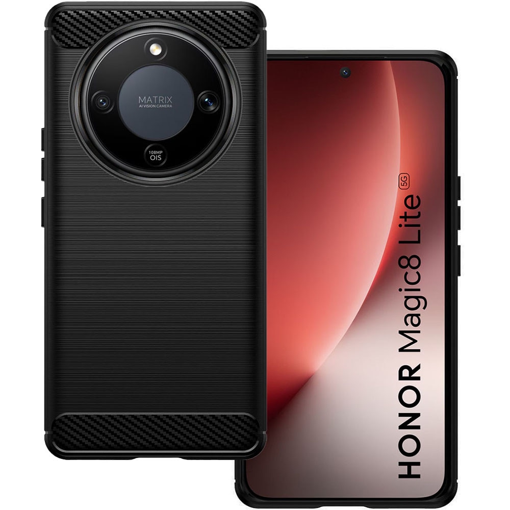 Husa de protectie pentru Honor Magic 8 Lite, Carbon Shield, Suprafata aderenta, Spate mat, Anti-amprenta, Finisaj tip fibra, Margini usor ridicate, Flexibila, Confortabila, Design premium, Antisoc, Slim fit, Negru