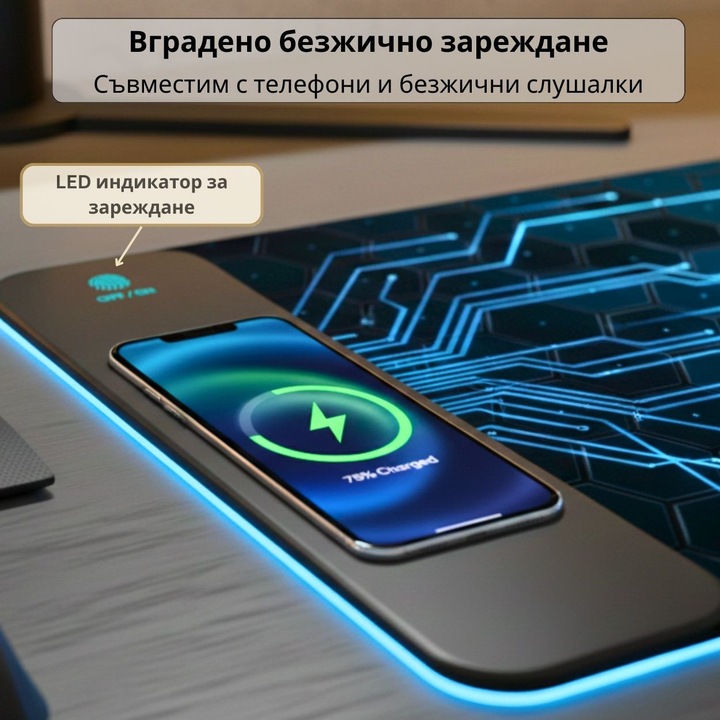 Подложка за мишка RGB с безжично зареждане 15W PRAXELL®, Геймърска подложка за мишка 900x300 мм, 17 режима на осветление, Тъч контрол, Неплъзгаща се основа, Включен органайзер за кабели