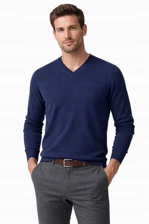Pulover barbati, albastru, din lana merinos si casmir, model in V, maneca lunga, regular fit, XL INTL