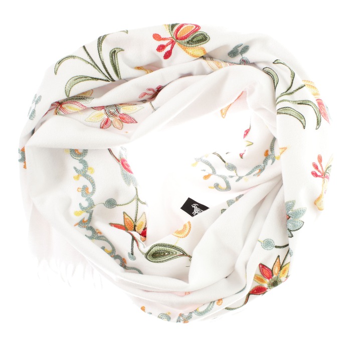 Esarfa de dama, din lana, Buticcochet, model cu broderie, 70x190 cm, Alb - ES3209