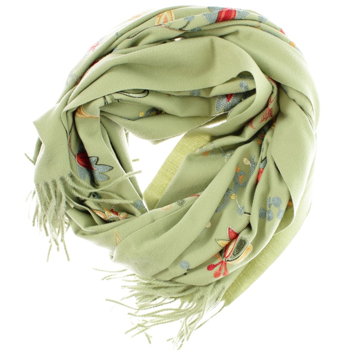 Esarfa de dama, din lana, Buticcochet, model cu broderie, 70x190 cm, Vernil - ES3213