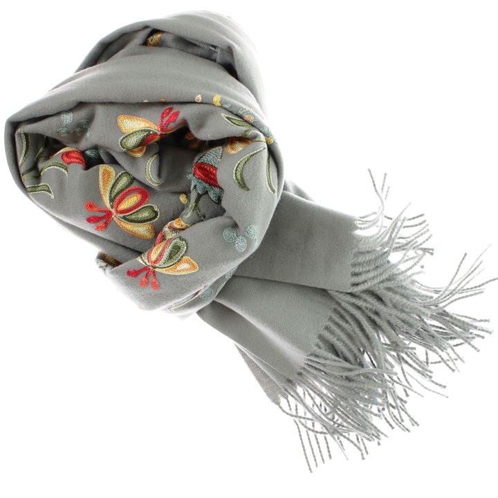 Esarfa de dama, din lana, Buticcochet, model cu broderie, 70x190 cm, Gri - ES3212
