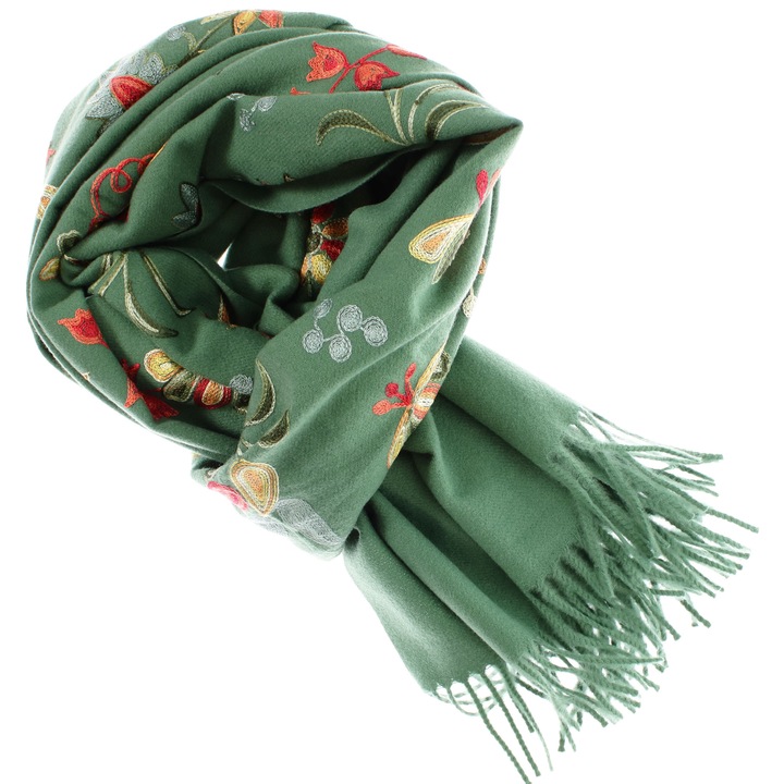 Esarfa de dama, din lana, Buticcochet, model cu broderie, 70x190 cm, Verde - ES3215