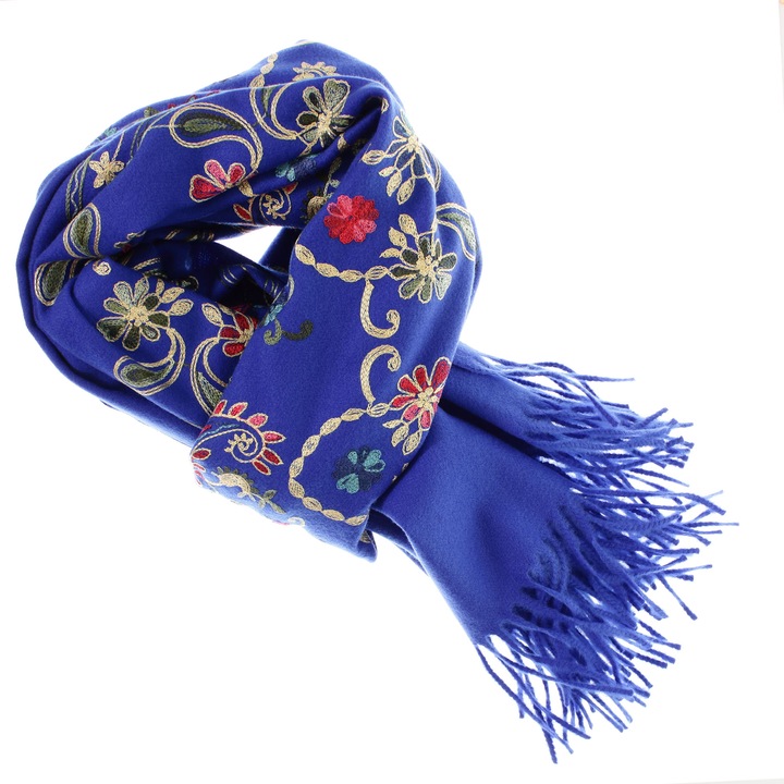Esarfa de dama, din lana, Buticcochet, model cu broderie, 70x190 cm, Albastru electric - ES3218