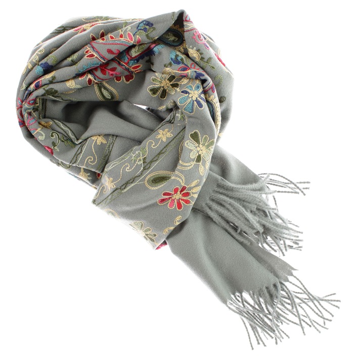 Esarfa de dama, din lana, Buticcochet, model cu broderie, 70x190 cm, Gri - ES3220