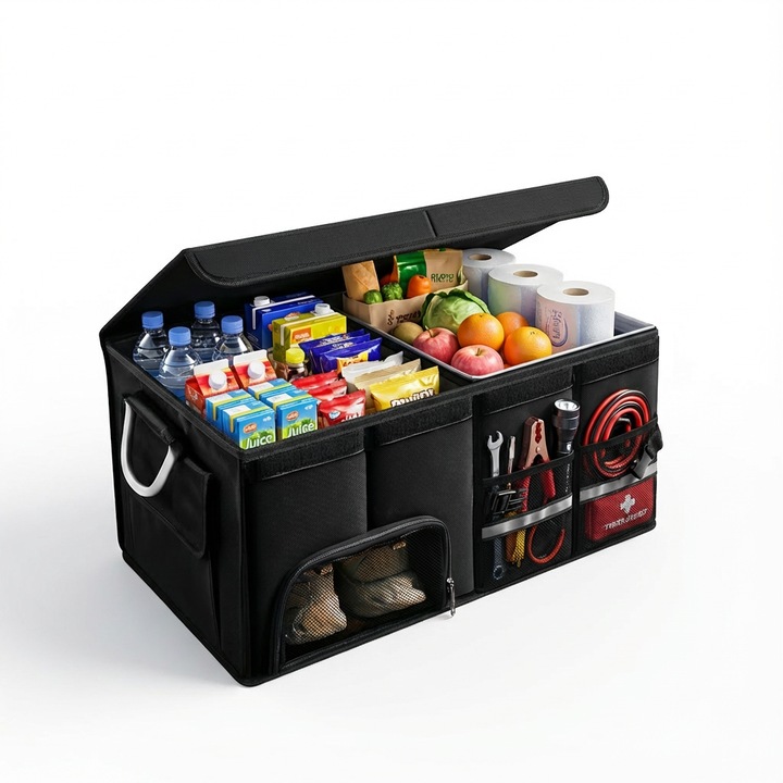 Organizator Portbagaj Auto Premium, Multifunctional si Durabil – Compartimente Modulare, Capacitate Mare, cu Sac Impermeabil pentru Racoritoare Inclus, 72L