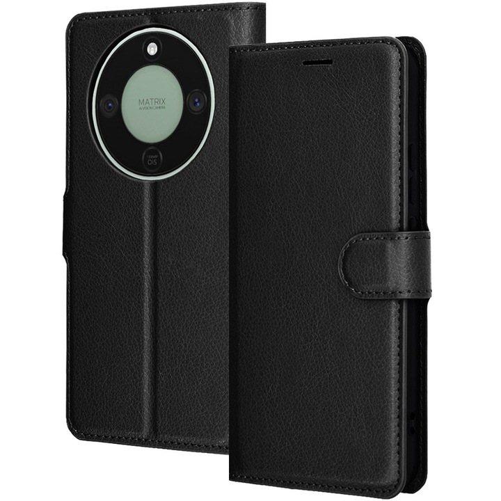 Husa pentru Honor Magic 8 Lite, Tip portofel, Vintage PU Leather, Inchidere cu capsa magnetica, Buzunare carduri, Compartiment bancnote, Decupaj difuzor apeluri, Acoperire 360, Functie stand, Protectie fata-spate, Piele ecologica, Negru