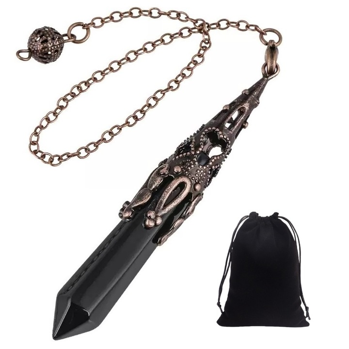Set pendul cu cristale naturale, inclus un cristal de vindecare si un sac de catifea pentru depozitare, pentru divinatie, Wicca, echilibrare energetica, 8x1cm, obsidian, negru