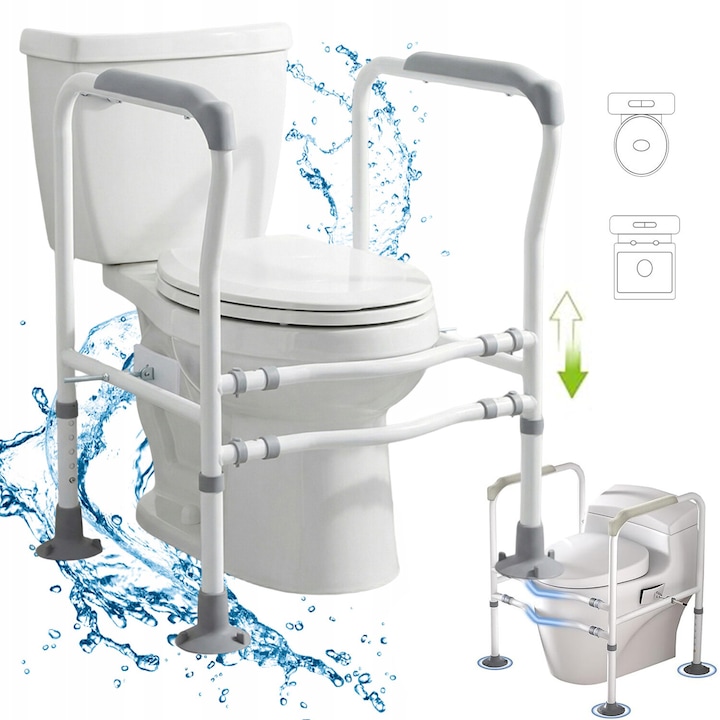 Cadru de sprijin pentru vasul de toaleta, Bedee, Reglabil pe inaltime, Stabilitate si antiderapanta, Rezistent, Ajutor pentru ridicarea in picioare la toaleta, pentru seniori, persoane cu dizabilitati, femei insarcinate, Alb/Gri