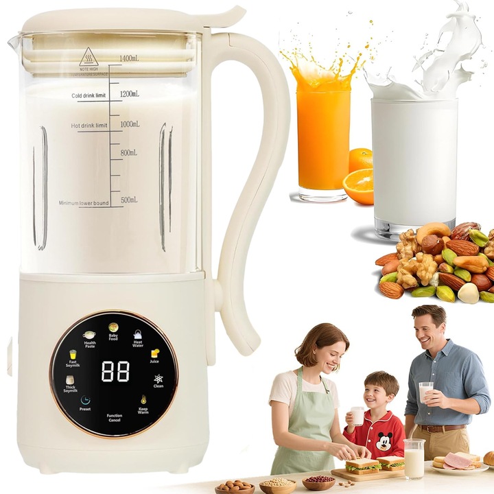 Електрически блендер, Bedee, 8 в 1, 1400ML, Острие от неръждаема стомана, LED цифров дисплей, Тъч панел, Мултифункционален, Самопочистване, Лесен за използване, Блендер за бебешка храна, смутита, протеинови шейкове, Функция за подгряване, Бежов