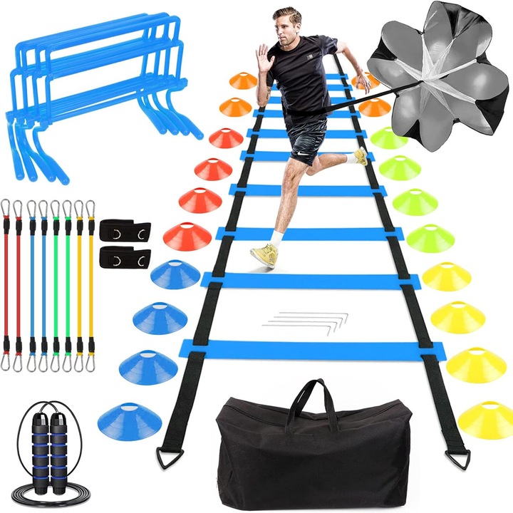 Set de antrenament de agilitate cu 33 de piese, Bedee, inclusiv scara lunga de 5 m, 20 discuri de semne,4 obstacole(14cm/23cm/28cm/35cm), parasuta de rezistenta, curea de tensionare
