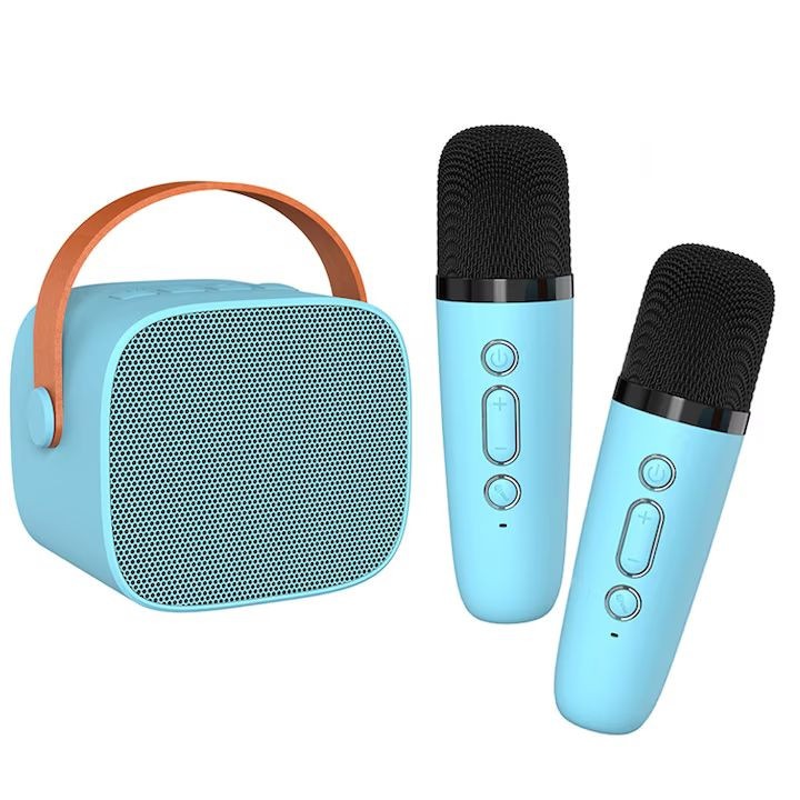 Hordozható vezeték nélküli karaoke mikrofon szett két mikrofonnal, Bluetooth csatlakozással, kék