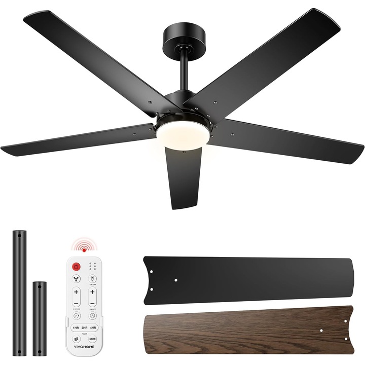 Ventilator de tavan VIVOHOME 52 inch, iluminare LED 18W, culoare neagra, functie reversibila