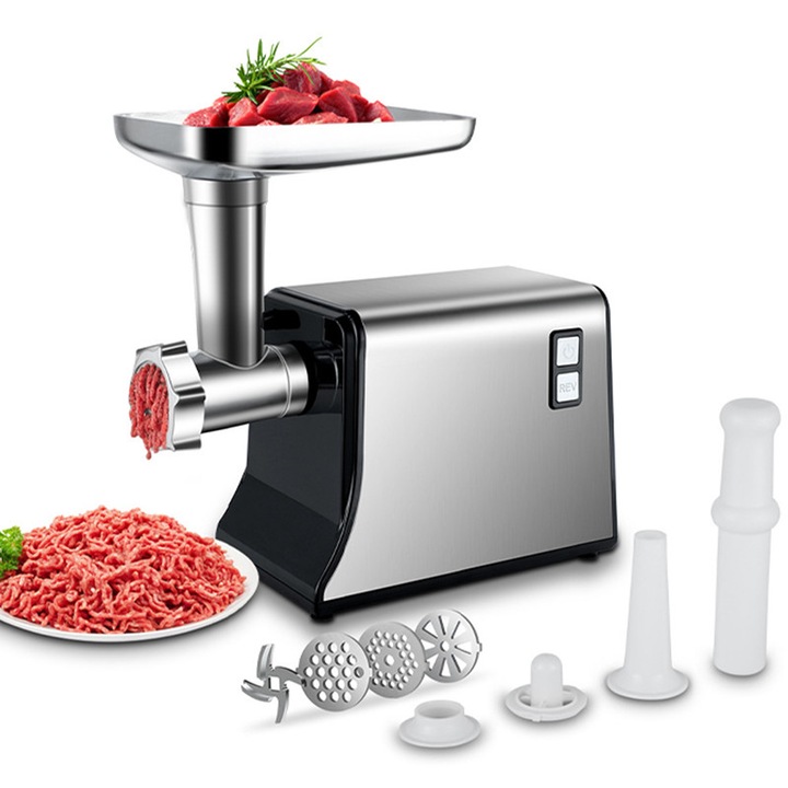 Masina electrica de tocat carne, Rqiurpn, Masina electrica de tocat carne 3-in-1, 2800W, Cu 3 Site, 1 Cutite Inox, Set cu accesorii pentru carnati, Functionare Rapida si Silentioasa, Usor de Curatat, Ideala pentru Bucatarie Acasa, Argintiu