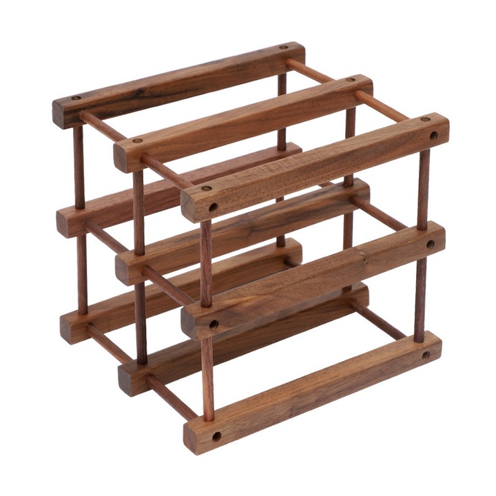 Raft din lemn pentru vin, suport pentru sticle de vin, raft pentru depozitarea vinului invechit in stil vintage, design pe mai multe niveluri, realizat din lemn de nuc negru american