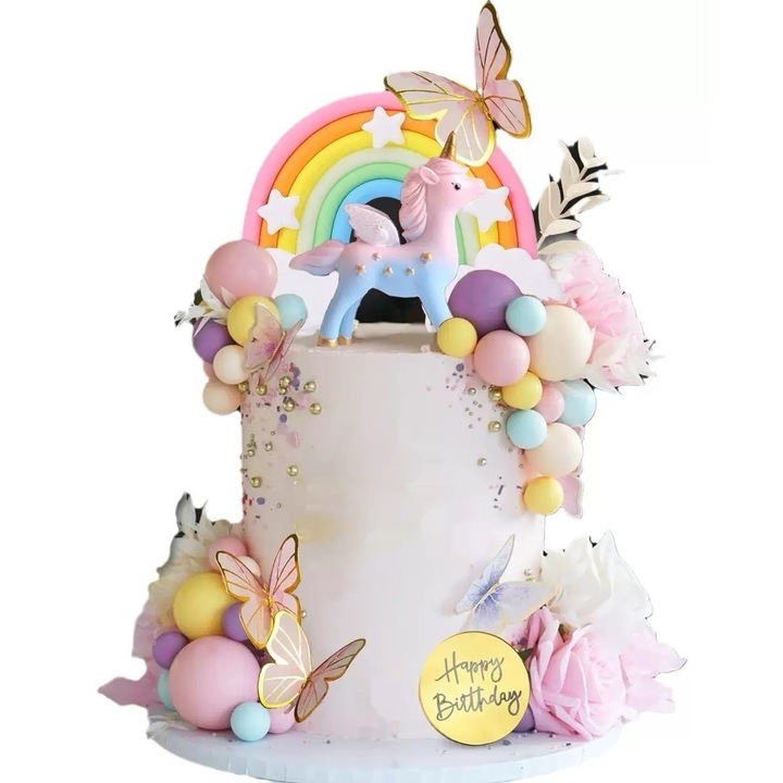 Kengege® 47 PCS Decoratiuni Tort Unicorn Curcubeu Decoratiuni Tort Unicorn cu Fluturi Curcubeu Bile Unicorn Decoratiuni Tort La Multi Ani