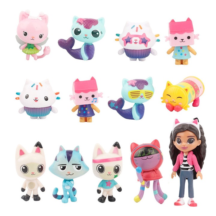 Un set de 13 figurine Gabby's Dollhouse, incluzand o pisica-sirena cu tort, potrivite pentru varste de 3 ani+, cu inaltimea de 5–8 cm, fabricate din PVC, multicolore