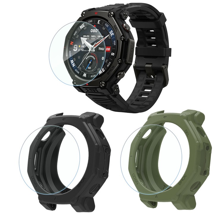 Set protectie ecran sticla temperata si huse silicon pentru Amazfit T-Rex 3 Pro 48MM