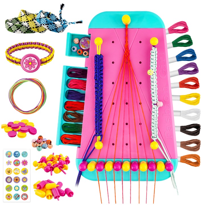 Set de facut bratari 2-in-1, MunDeir®, cu fire, margele si unelte, design prietenos pentru copii, ideal pentru varste de 6+