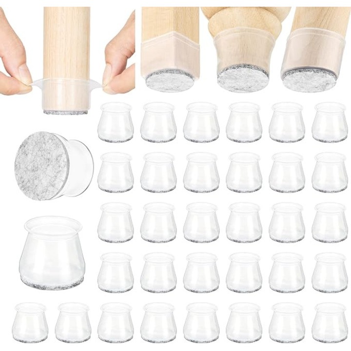 Set 32 protectii pentru picioare scaune/masa Aneaseit, din silicon/fetru, potrivite pentru orice forma, 38 mm, Transparent
