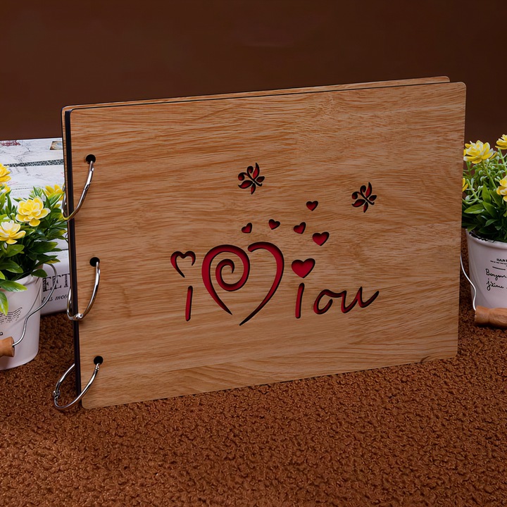 DIY "I LOVE YOU" Fa Fotóalbum, Scrapbook Típusú Gyűrűkkel, 30 Lap/60 Oldal, Kreatív Ajándék
