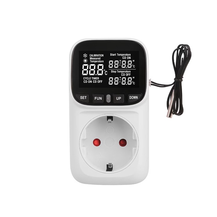 Интелигентен контакт с термостат XPQKDC®, програмируем, с външен температурен сензор, контрол на рециркулационни помпи, отоплителни и охладителни системи, аквариуми, терариуми, оранжерии, 16A, 3680W, бял