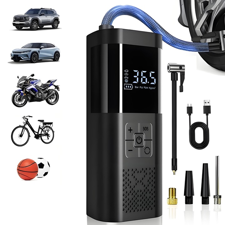 Compresor auto portabil, Afisaj digital LED, YOUKUKE®, Wireless, 150 PSI, 4000 mAh, 4 x ventile metalice, USB Type-C, Power Bank, Negru