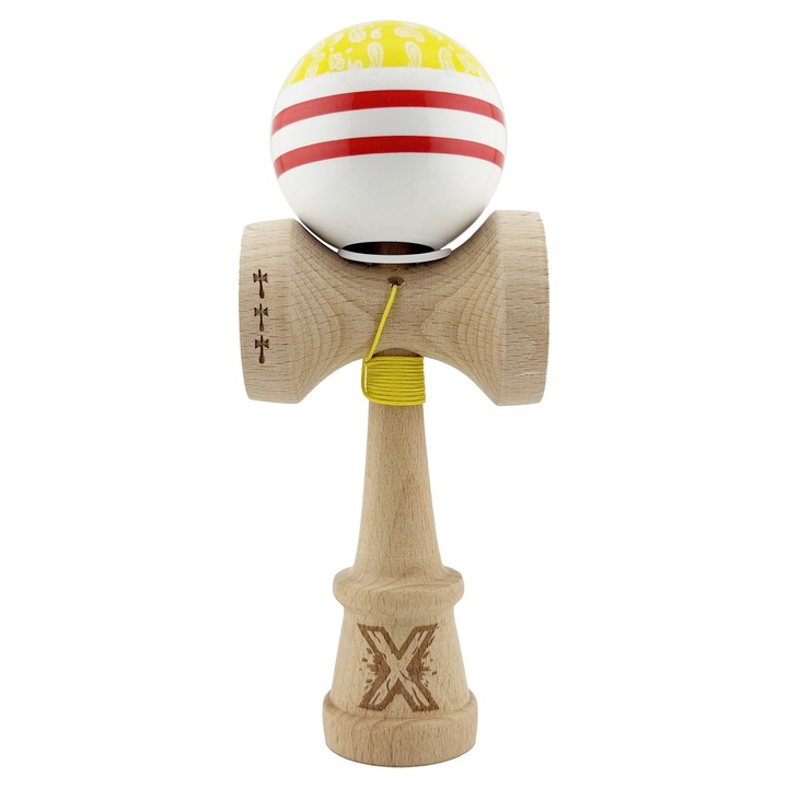 Kendama X Originala CHICANOS, Professzionális, Nagy KING SIZE V3 Kupák, Szuper Tapadós, Lyuk az Alapon, Fém Csapágy, fából 18 cm, Zsinór 62/65 cm, Sárga/Fehér
