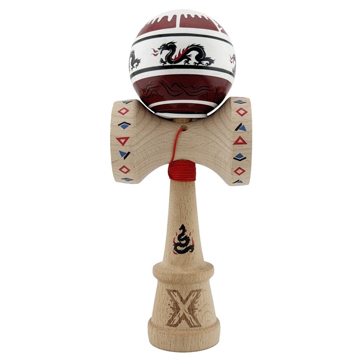 Kendama X Eredeti, Professzionális, DRAGON Széria, Szuper Tapadós, King Size V3 Nagy Kupákkal, Fém Csapágy és Lyuk az Alapon, Fából 18 cm, Zsinór 62/65 cm, Fehér/Sötétpiros