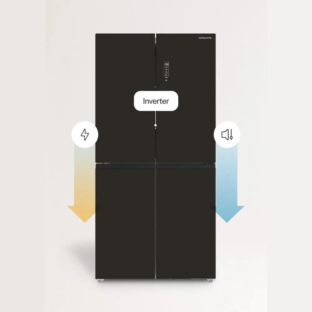 Frigider side by side No Frost CREATE, Studio, 503 litri, H 177 cm, congelator 186 litri, Tehnologie Inverter, temperatura reglabila, 3 rafturi din sticla, 6 compartimente pe usa, sistem Care, functie Multi Air Flow, finisaj sticla mata, negru