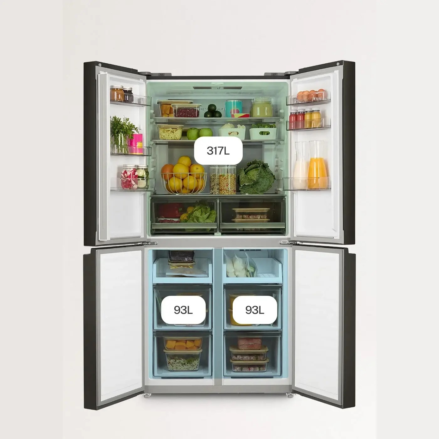 Frigider side by side No Frost CREATE, Studio, 503 litri, H 177 cm, congelator 186 litri, Tehnologie Inverter, temperatura reglabila, 3 rafturi din sticla, 6 compartimente pe usa, sistem Care, functie Multi Air Flow, finisaj sticla mata, negru