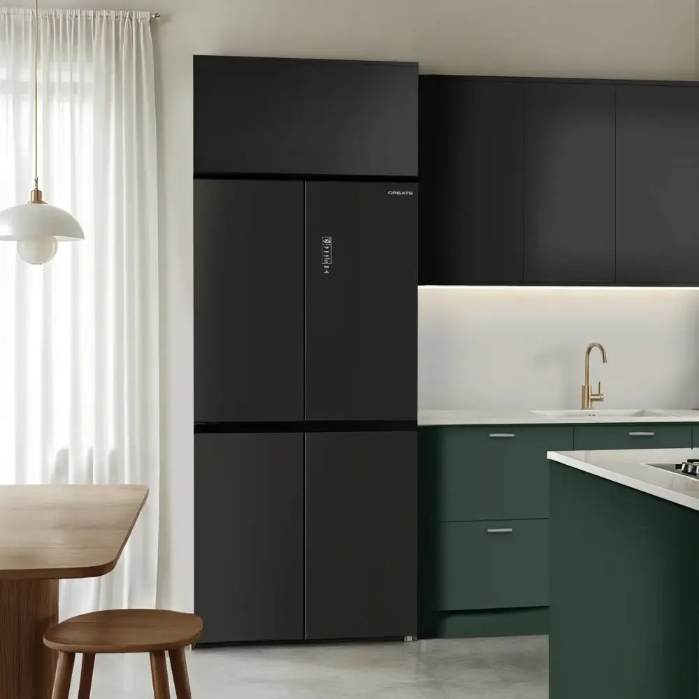 Frigider side by side No Frost CREATE, Studio, 503 litri, H 177 cm, congelator 186 litri, Tehnologie Inverter, temperatura reglabila, 3 rafturi din sticla, 6 compartimente pe usa, sistem Care, functie Multi Air Flow, finisaj sticla mata, negru