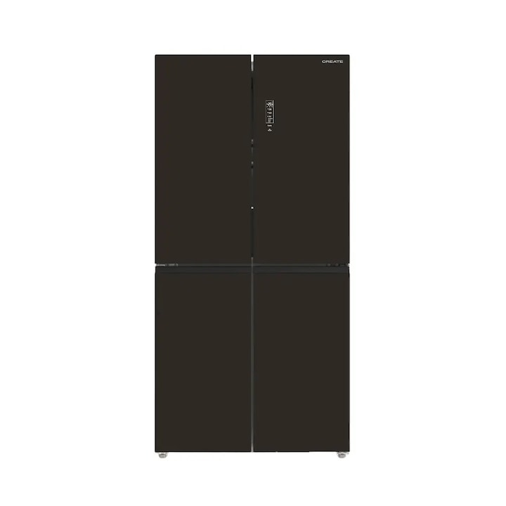 Frigider side by side cu 4 usi din sticla No Frost CREATE, Studio, 503 litri, H 177 cm, congelator 186 litri, Tehnologie Inverter, temperatura reglabila, 3 rafturi din sticla, 6 compartimente pe usa, sistem Care, functie Multi Air Flow, negru