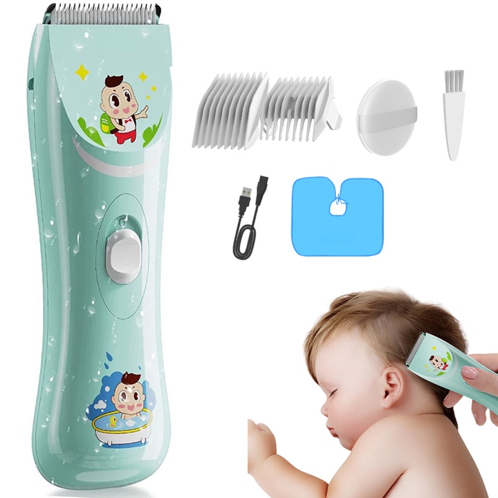 Masina de Tuns pentru Bebelusi, Aparat de Tuns Ultra-Silentios, Lama Ceramica, Rezistenta la Apa IPX7, Incarcare USB, Piepteni inclusi, Sigura pentru Pielea Sensibila, Design Prietenos copii, Verde