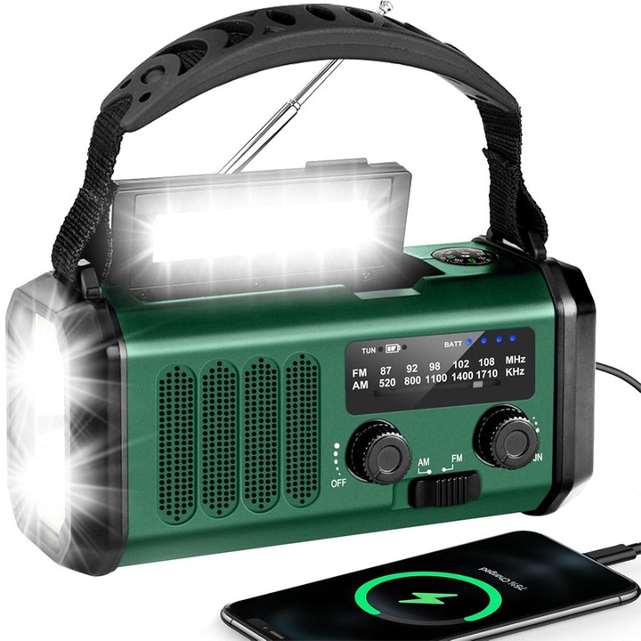 Radio meteo de urgenta, Rqiurpn, lanterna LED, 3 moduri de incarcare, manivela si energie solara, USB incarcat, Afisaj LCD, AM/FM, alarma SOS, busola, Impermeabil, Cu ceas cu alarma, 10000 mAh, Pentru camping, calamitati, cutremure, Verde