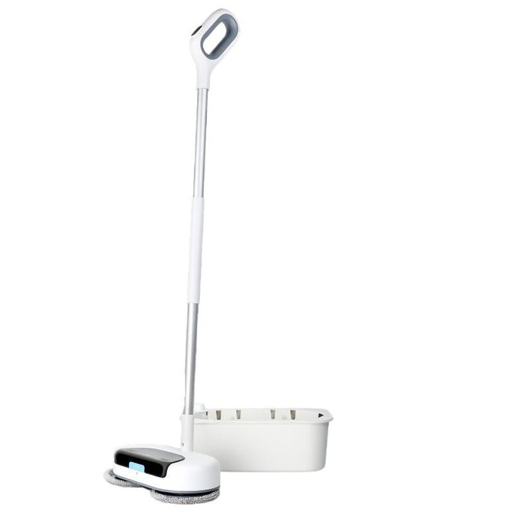 Mop electric, Rqiurpn, cu jet de apa si laveta microfibra de curatare, fara fir, control pulverizare apa, 2000mAh, Rotiti manerul, pentru toate tipurile de pardoseli, Accesorii incluse, Alb