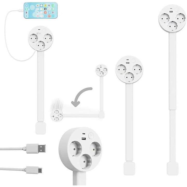 Prelungitor Priza Extensibil, Duueyct, 3 Prize AC, Port USB-A si USB-C, Rotatie 360, Extensibila 47-67cm, Fixare Fara Gaurire, pentru Mobilier, Birou si Casa, Alb