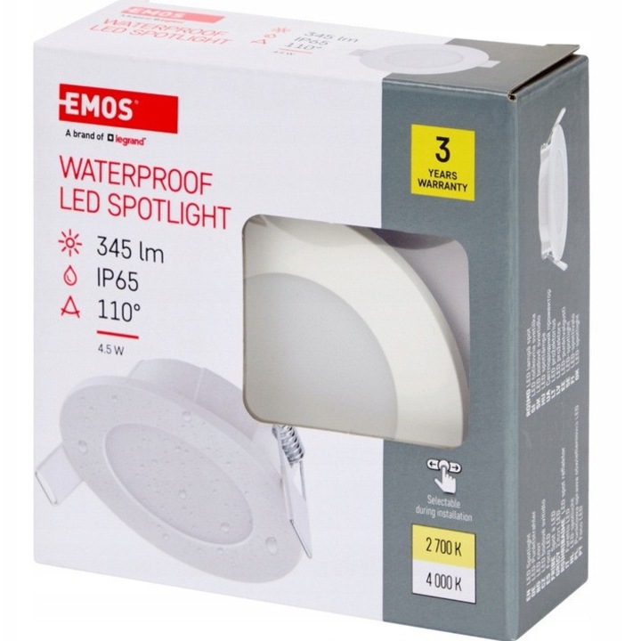 Spot LED incastrat rezistent la apa, 4, 5 W – 345 lumeni, 2700K/4000K, IP65