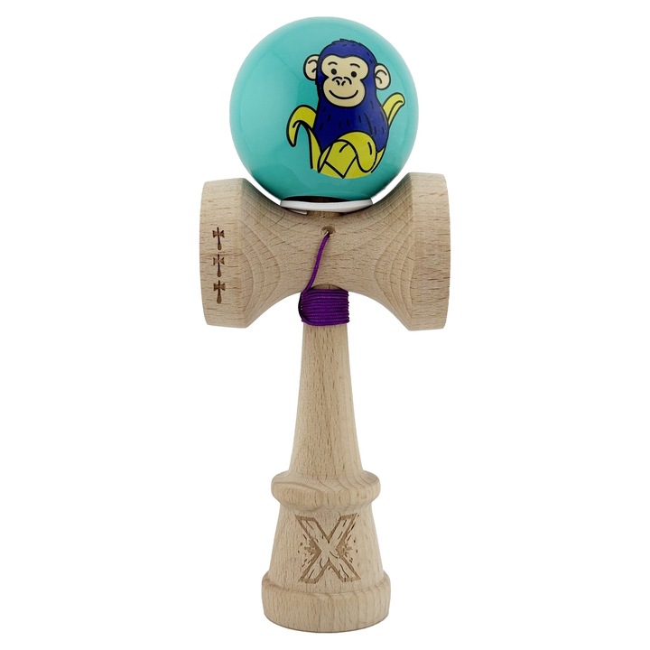 Kendama X Eredeti, Professzionális, Blue Monkey, Szuper Tapadós, King Size Nagy Kupákkal V3, Fém Csapágy és Lyuk az Alapon, Fából 18 cm, Zsinór 62/65 cm, Türkiz