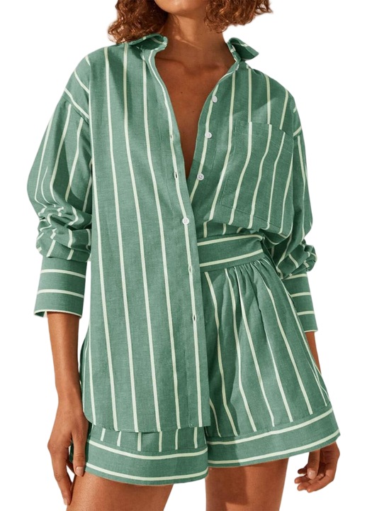 Set 2 piese, maneci lungi, dunga, cu butoane + pantaloni scurti potriviti（10225）, Verde