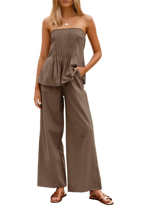 Set de 2 piese, pentru femei, top tub fara bretele, pantaloni cu picioare lati din bumbac（10229）, Maro