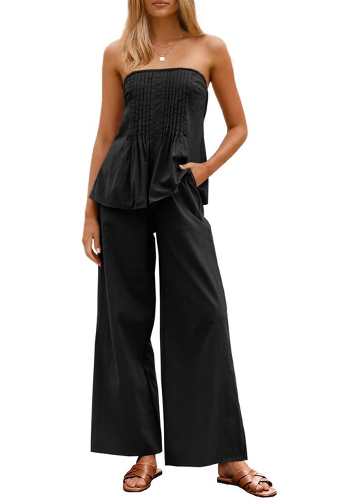 Set de 2 piese, pentru femei, top tub fara bretele, pantaloni cu picioare lati din bumbac（10229）, Negru